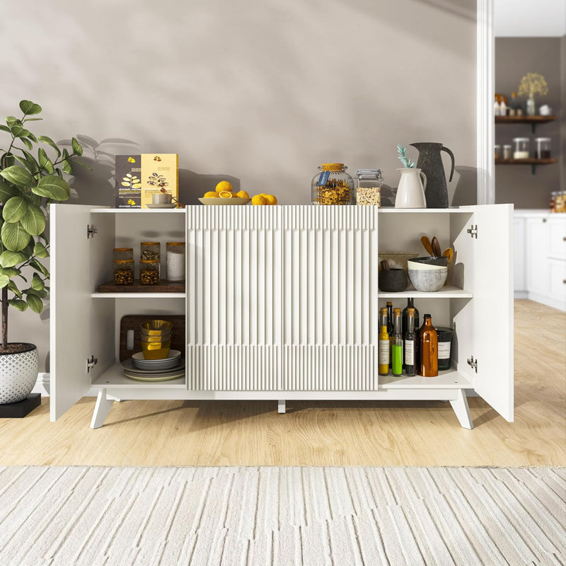 Modern Fluted Sideboard with Solid Legs, Multi-Functional Storage Cabinet for Dining Room, Living Room, or Entryway, White