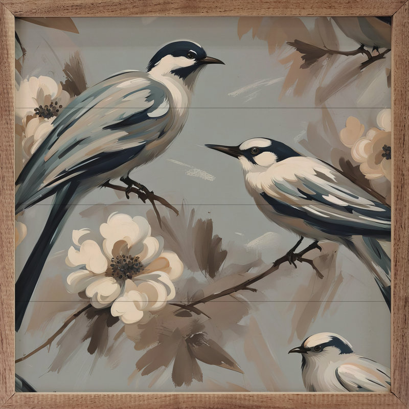 Deux oiseaux sur une branche florale encadrée sur bois, H 12 po x l 12 po