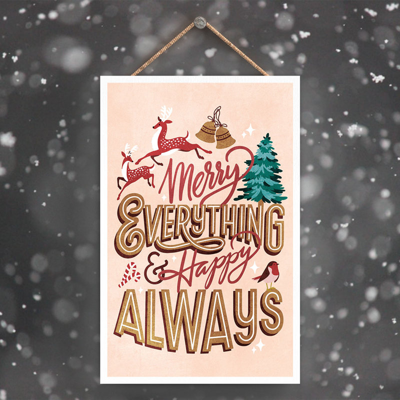Xmas Merry Everything Happy Always Wooden Plaque, Pink, 18.5cm H x 12cm W x 0.9cm D