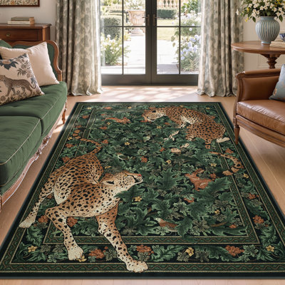 Tapis à imprimé léopard Morris Jungle | 3 voies résistant aux taches | Revers antidérapant + 4 rubans | Lavable à la machine