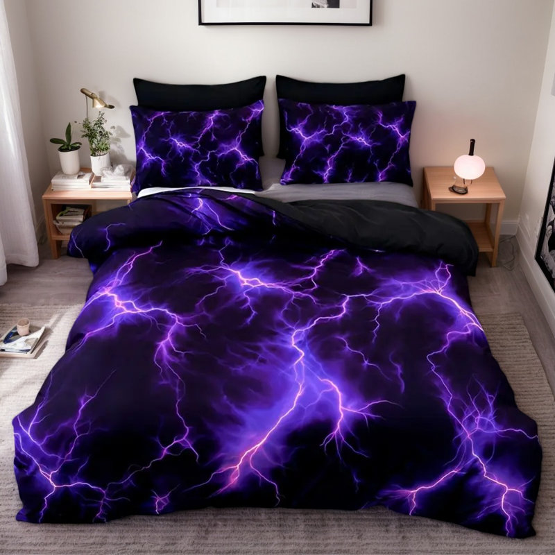 Purple Lightning Microfiber Duvet Cover Set with Pillowcases, Digital Print Electric Storm Front with Solid Black Back, Reversible Bedding, Queen, Comforter and Pillow Inserts Not Included