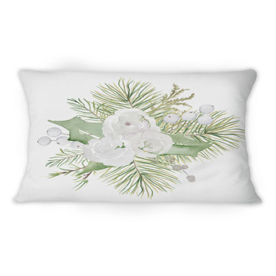Christmas Floral Bouquet With Cotton, Branches IV - Traditional Printed Throw Pillow 1