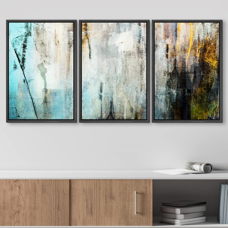 «Effet de texture grunge et orange» - 3 pièces, Cadre flottant noir, H 36 po x l 72 po