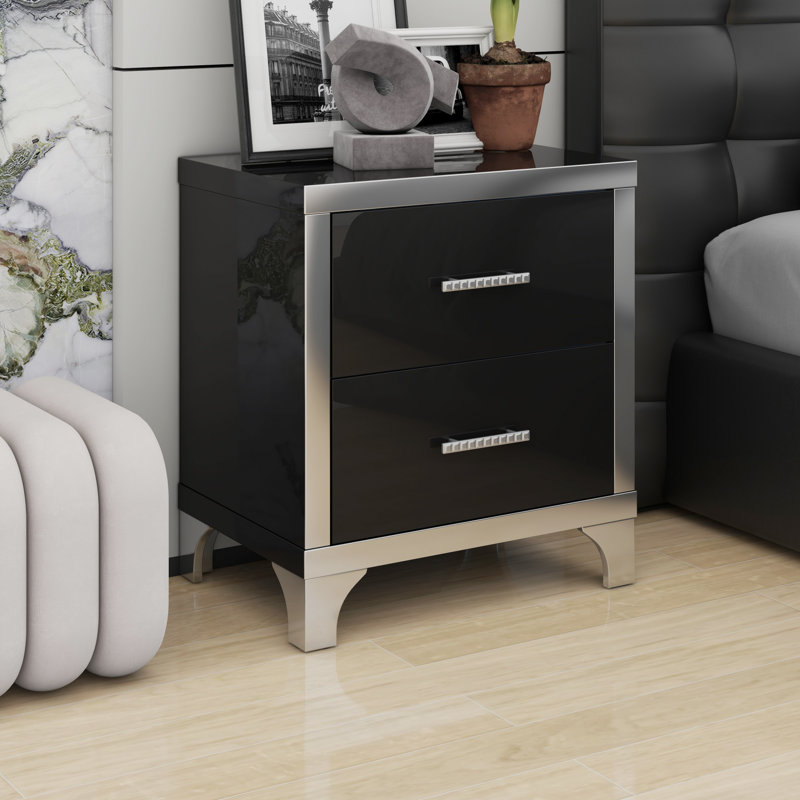 Sleek Mirrored Nightstand with 2 Drawers & Metal Handle, Black