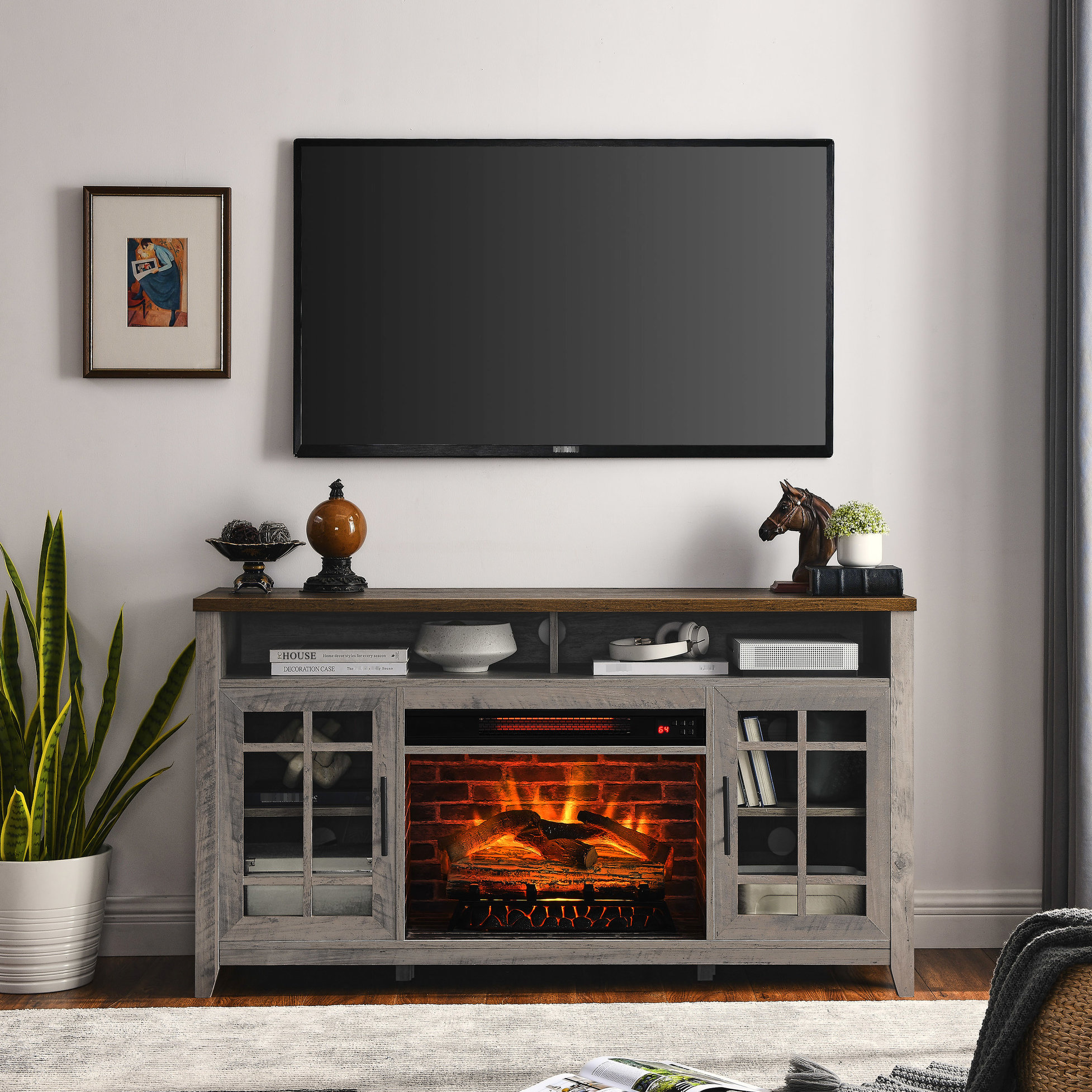 One Allium Way® Gray Wash Electric Fireplace 55 Inch Tv Stand. 4