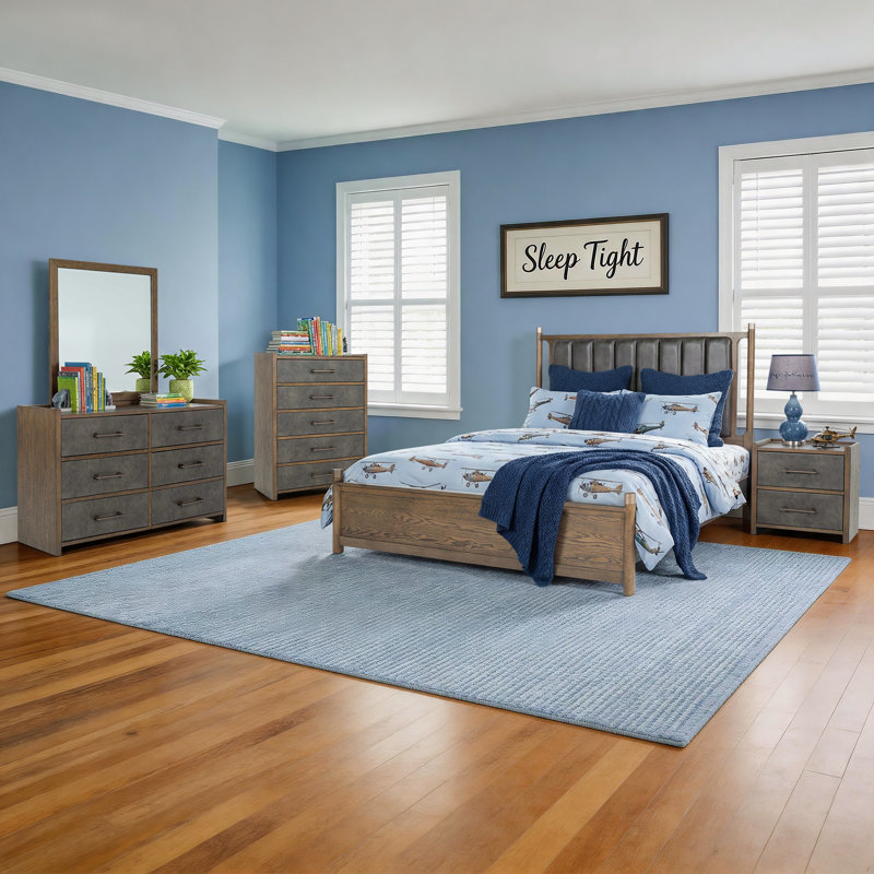 Ensemble de chambre à coucher 5 pièces avec lit très grand californien en bois massif, commode à 5 tiroirs et commode à 6 tiroirs avec miroir et table de chevet (ensemble de 5)