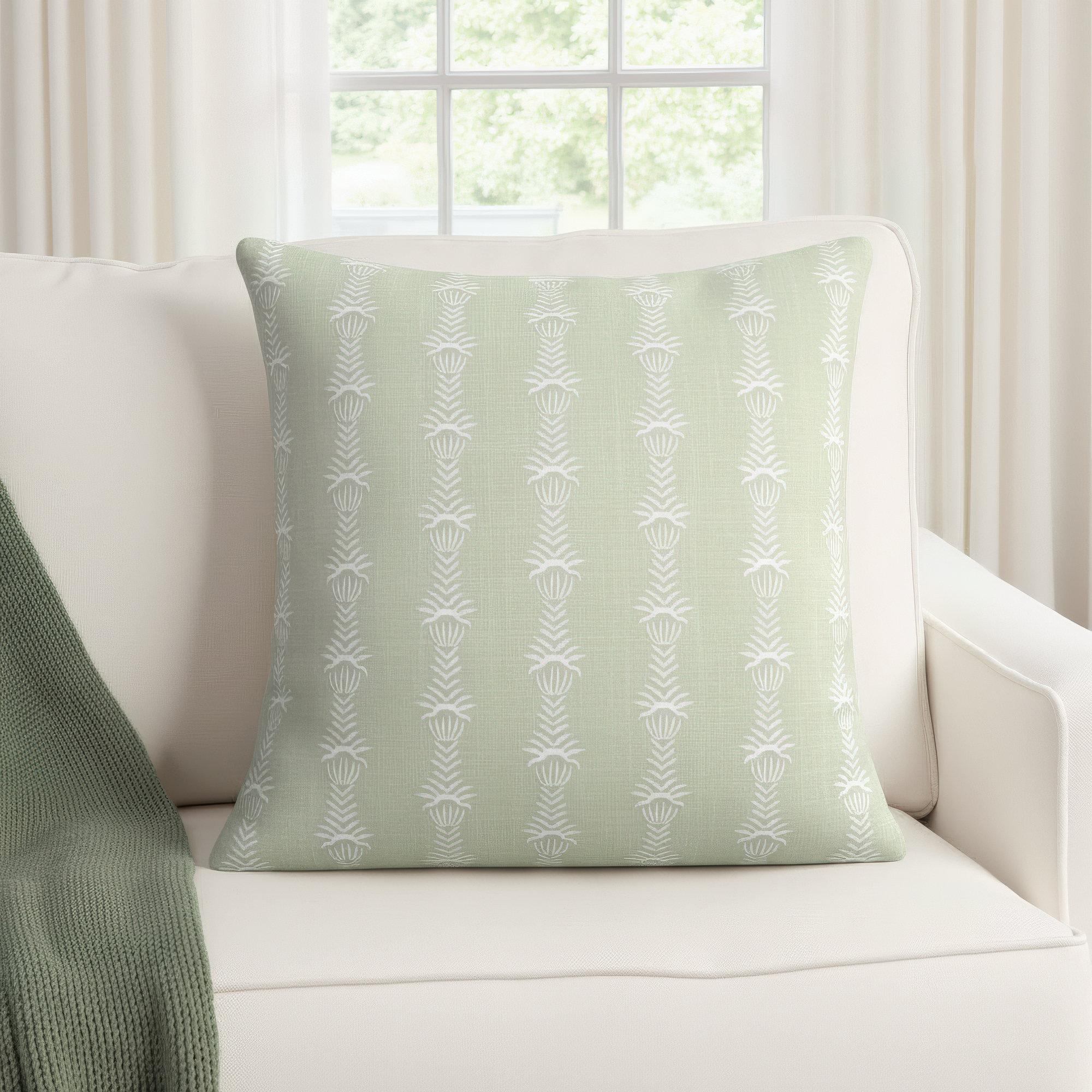 Tasha Embroidered Cotton Throw Pillow, Green/White