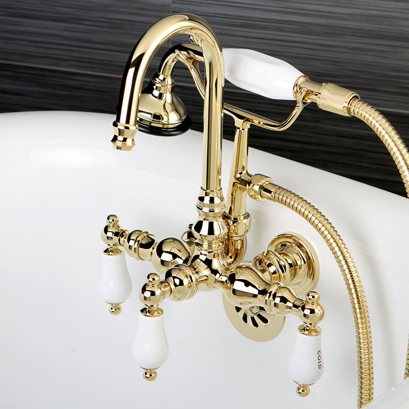 Kingston Brass Aqua Vintage Three-Handle 2-Hole Tub Wall Mount Clawfoot Tub Faucet with Hand Shower, Polished Brass