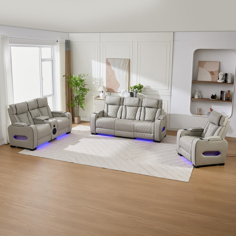 Ensemble de salon inclinable en cuir 3 pièces Canas Sizemore avec porte-gobelet de rangement et haut-parleur Bluetooth, Gris