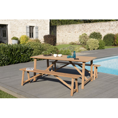 Zenia 6 - Person Teak Solid Wood Patio Dining Set Umbrella Hole Included Rectangular Table
