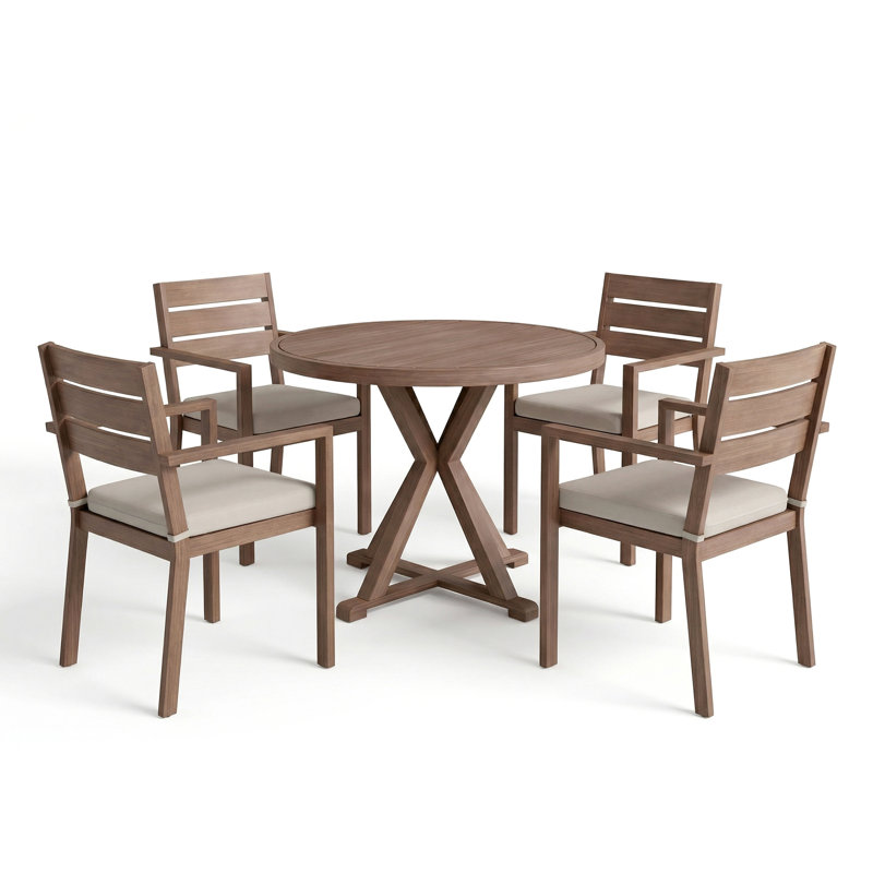 Martha Stewart Bedford All-Weather Patio Set With 36" Round Trestle Base Table And 4 Stack Armchairs, Cream, Brown