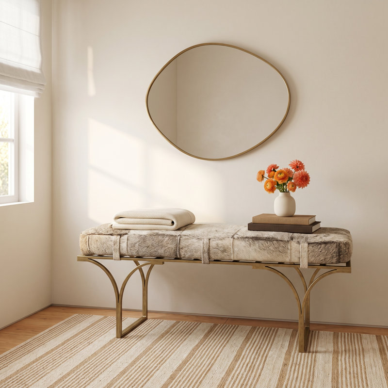 Magnolia Upholstered Bench, Gray Hair on Hide Genuine Leather