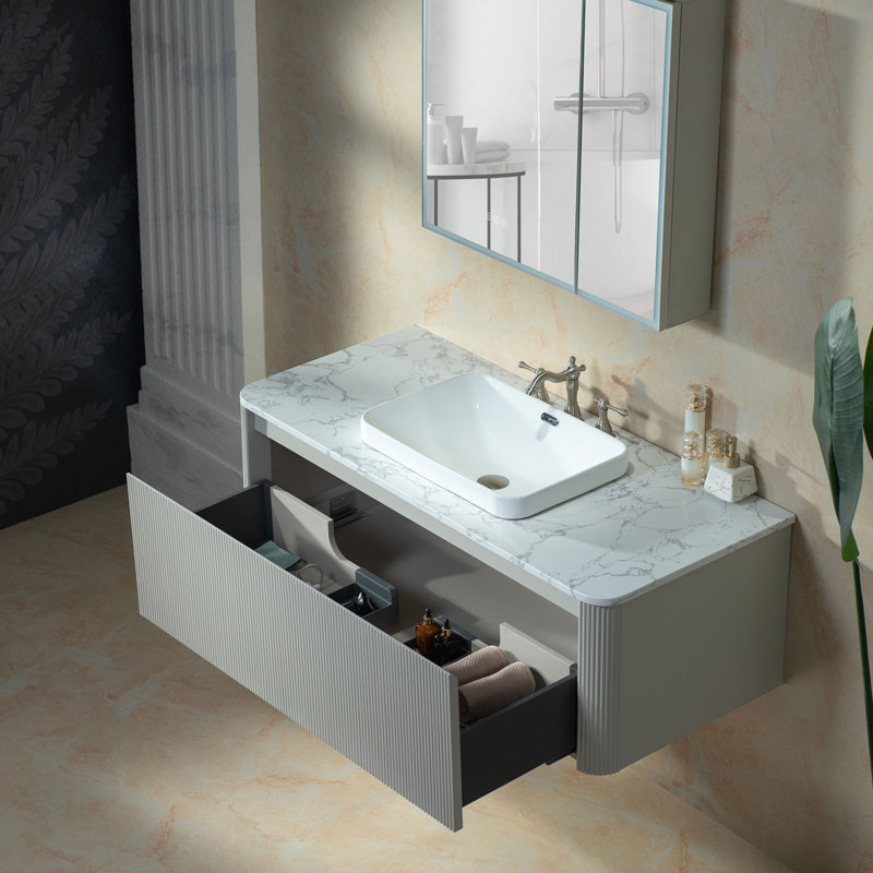 Meuble-lavabo flottant mural 48 po avec lavabo blanc intégré, tiroir à fermeture en douceur, armoire grise, comptoir à motif de marbre, bords arrondis, conception compacte