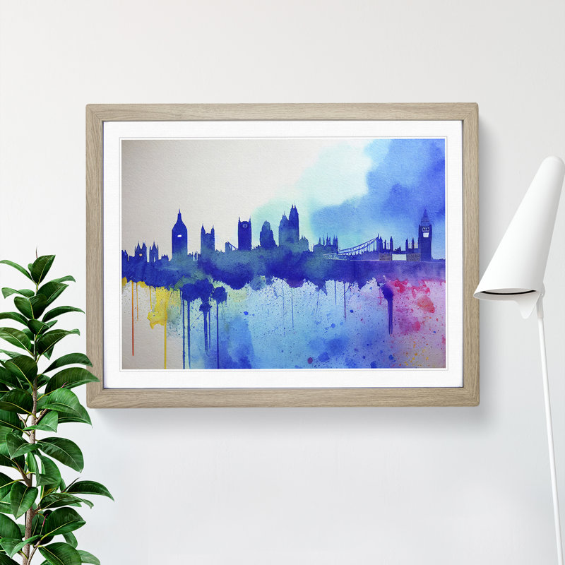 Bold London Skyline Watercolour Vol.4 Abstract 1 Piece Single Picture Frame Painting, 34cm H x 46cm W x 2cm D, Oak Framed