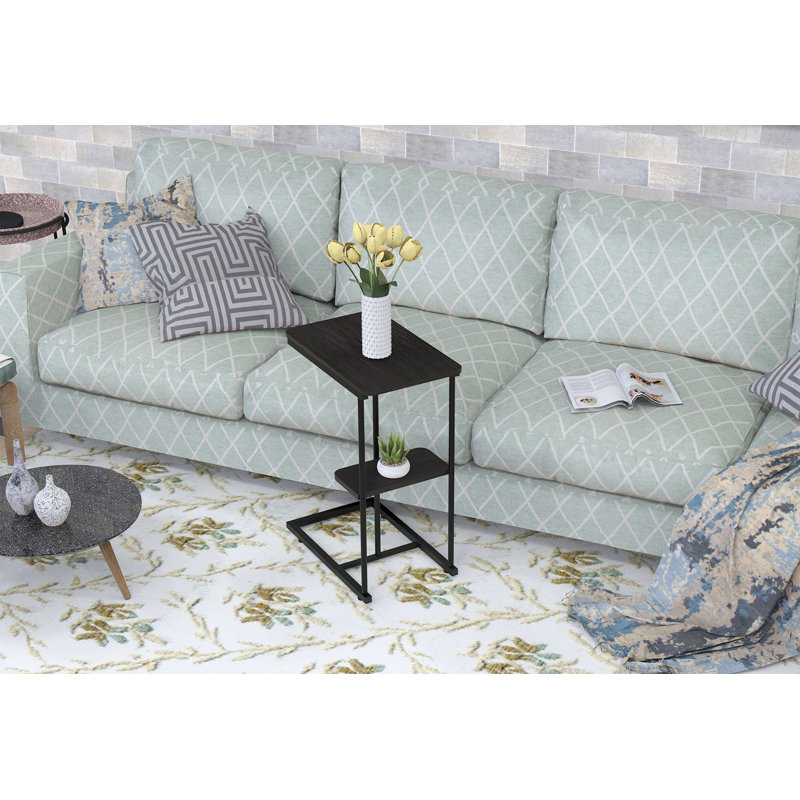 Table d'appoint en C - Table de bout de canapé pliable avec panier de rangement, support pour portable pour salon et chambre à coucher, brun noir