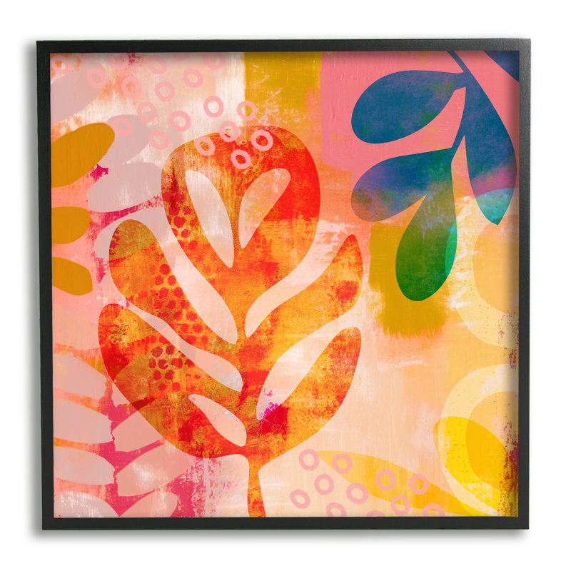 Feuilles contemporaines vives encadrées sur bois, H 17 po x l 17 po x P 1,5 po, Giclée encadrée noir minuit