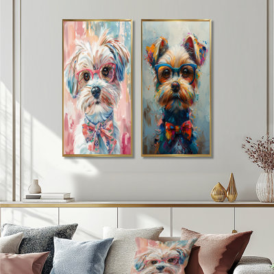 Pink Grey Curious Shih Tzu With Glasses III - Dog Wall Art 2 Pieces Set