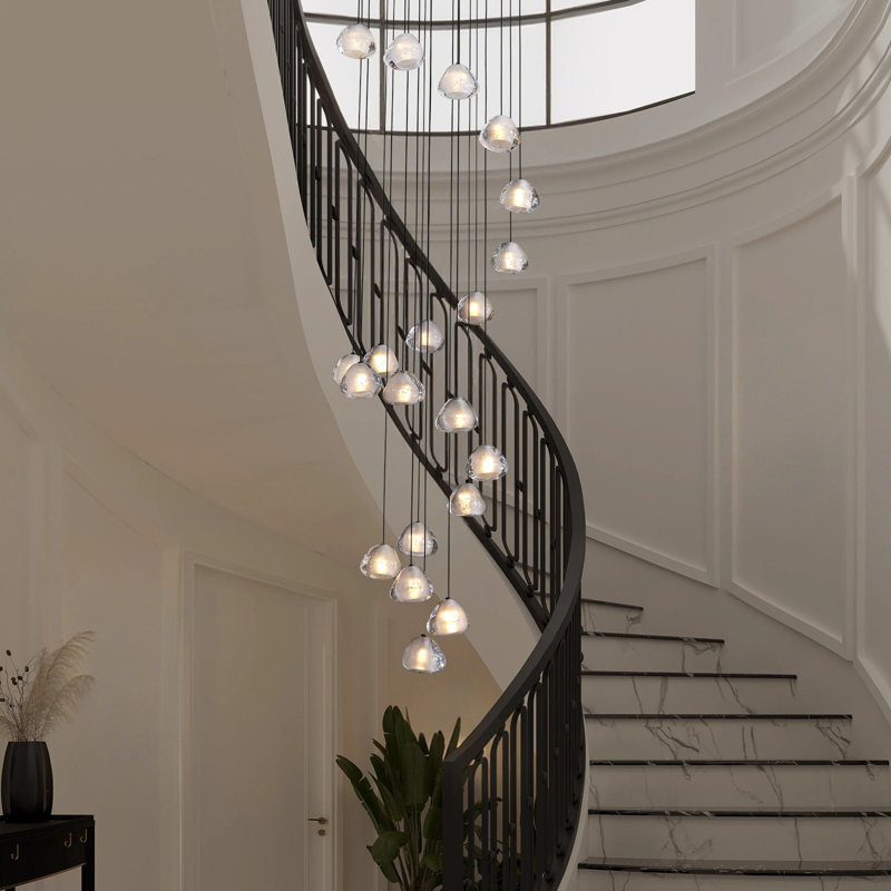Lustre en cristal noir à 20 niveaux pour escaliers de salon Feinstein, H 2 po x l 23,6 po x P 23,6 po, Noir mat, 20 lumières