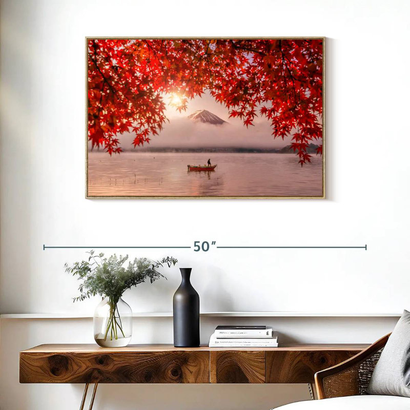 Lake Kawaguchiko Boat, 37" X 25", Floating Frame Natural Wood