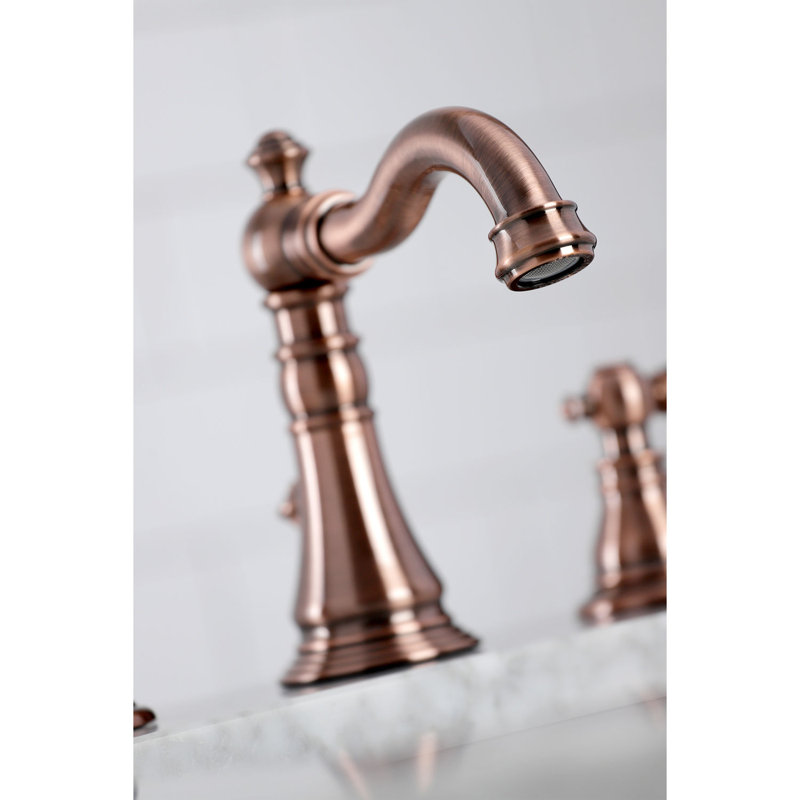 Kingston Brass Duchess Two-Handle 3-Hole Deck Mount Widespread Bathroom Faucet with Brass Pop-Up Drain, Antique Copper