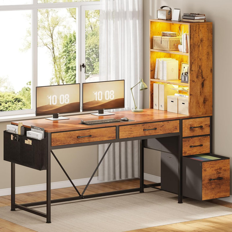 Barbarino Computer Desk With 5 Drawers And Bookshelf Led Lights For Small Spaces, Brown/Black