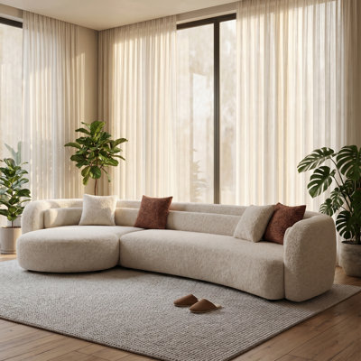 132" Cream Boucle L-Shaped Sectional Sofa, Modern Luxury Curved Modular Couch with Long Curved Lumbar Pillow, 4 Throw Pillows