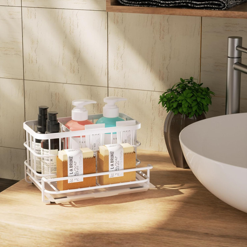 Organisateur de chariot d'évier en acier inoxydable avec plateau de drain coulissant, support d'éponge antirouille pour comptoir de cuisine, conception à 3 compartiments pour un rangement efficace