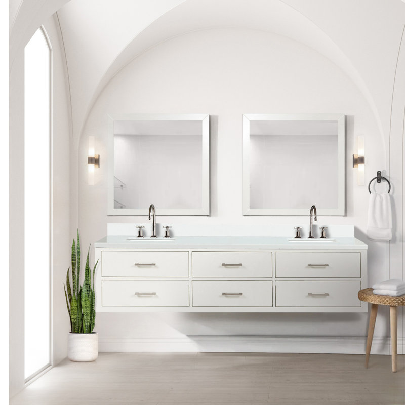 Meuble-lavabo double blanc 80 po X P 22 po D, dessus en quartz blanc et ensemble de robinet, Blanc