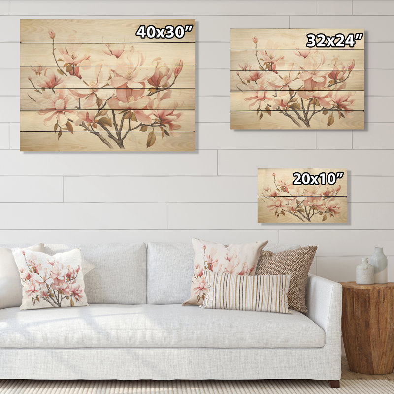 Magnolias Minimalism Dream I - Magnolias Wood Wall Art On Natural Pine Wood, 30" H x 40" W