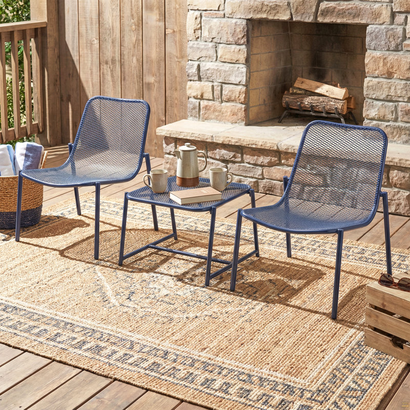 Ensemble de conversation d'extérieur 3 pièces avec cadre en fer - 2 chaises en filet et 1 table d'appoint, bleu marine Matter