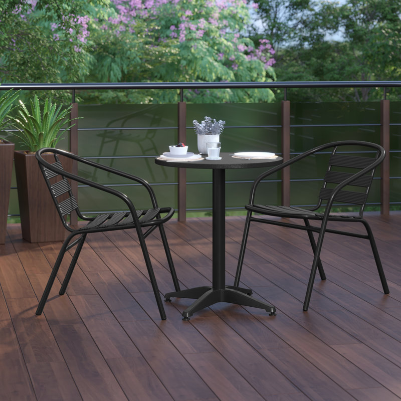 Moraal Round Aluminum Indoor-Outdoor Table Set with 2 Slat Back Chairs, 27.25" H x 23.5" W x 23.5" D, Black