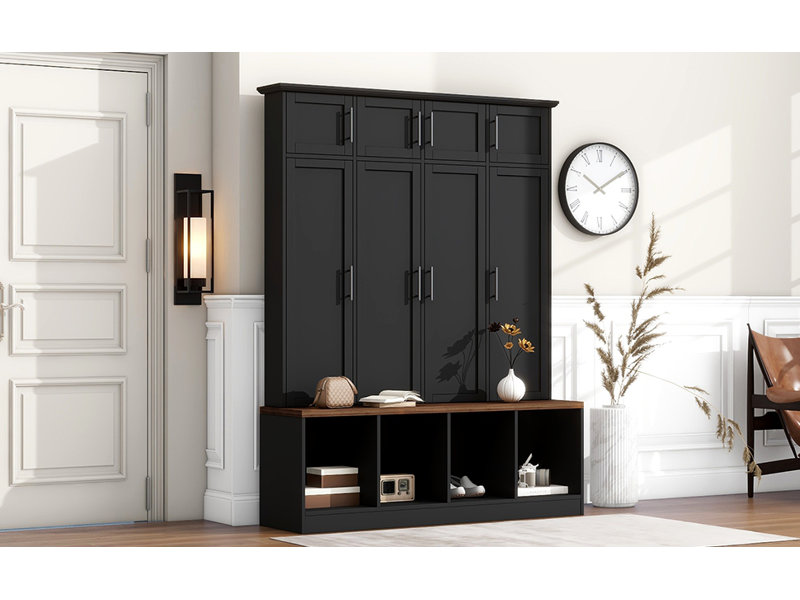 Versatile Hall Tree With 4 Hanging Hooks, Brown Wood Grain Bench With Multiple Storage Space, Entryway Cabinet With Open Compartments For Living Room, Hallway