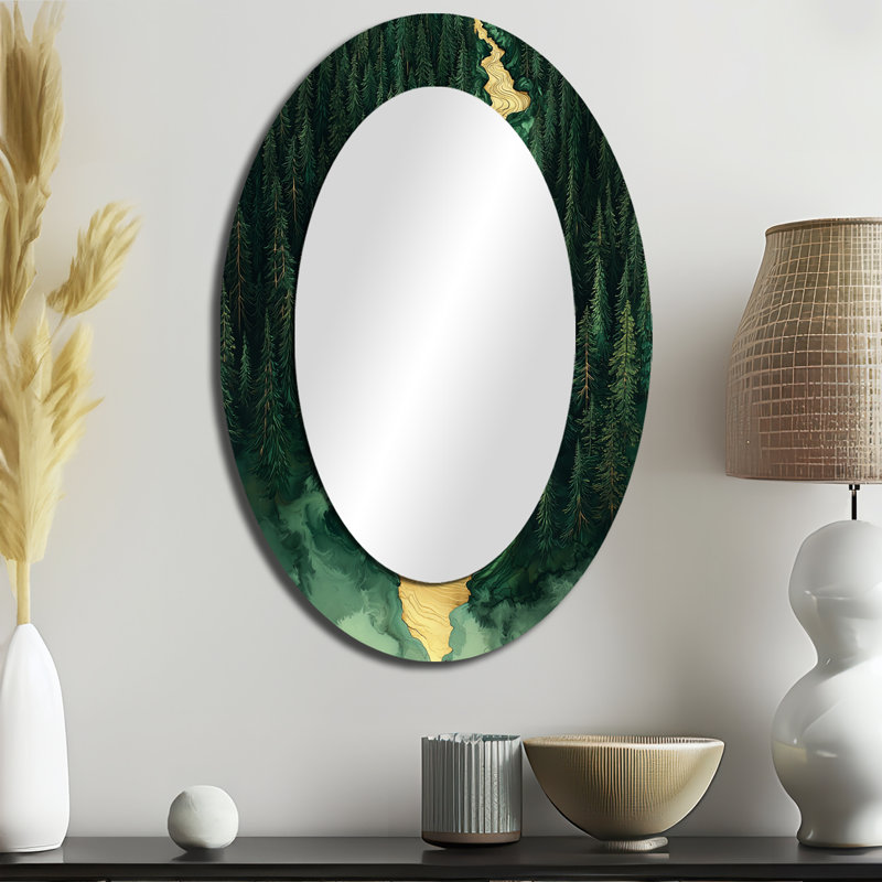 Forest River Of Emerald Crystal IV - Gold Oval Wall Mirror Decor, 36" x 24"