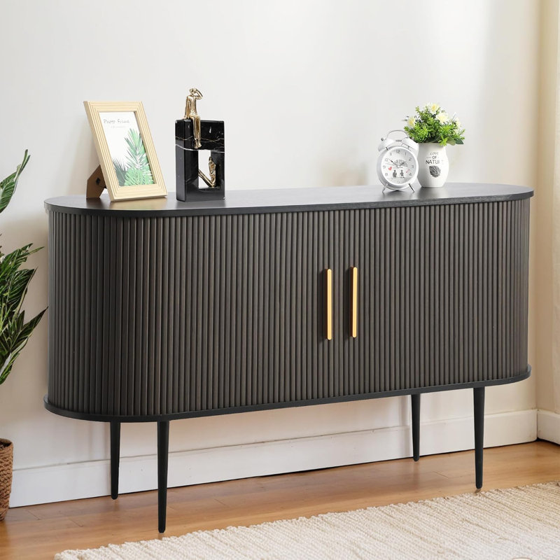 Black Oak 55" Sideboard Cabinet with Fluted Tambour Doors
