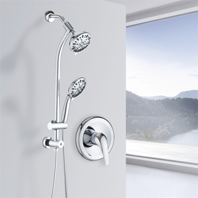 Drill-Free Stainless Steel Slide Bar Combo Rain Showerhead 7-Setting Hand, Dual Shower Head Spa System (Rough-In Valve Included)