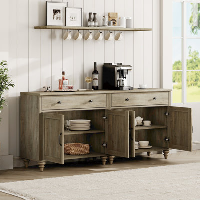 Scarlett Sideboard Buffet Cabinets With Doors And Drawers, Large Kitchen Storage Cabinets Wood Coffee Bar Tables With Storage, Modern Farmhouse Sideboard Credenza For Dining Room, Living Room, Beige, 34 Inch