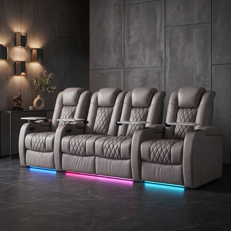 Upholstered Power Reclining Home Theater Seating With Cup Holder, Gray
