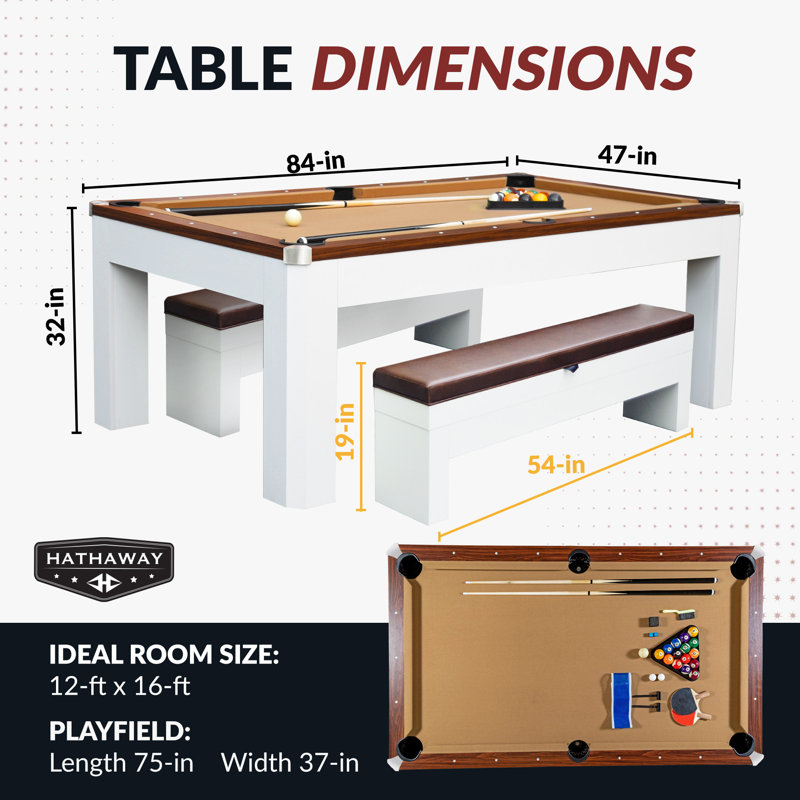 Ensemble de table de billard 7 pieds avec accessoires de jeu et 2 bancs Hathaway Newport, Blanc, Tanné