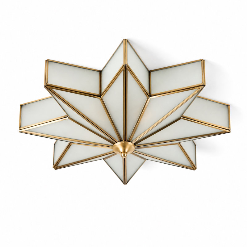 Art Deco Star Flush-Mount Ceiling Light, Brass Frame with Frosted Glass