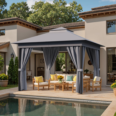 10 Ft. W x 10 Ft. D Soft Top Steel Patio Gazebo with 2-Tier Canopy and Zippered Mesh Netting for Outdoor, Patio, Garden, and Backyard Activities