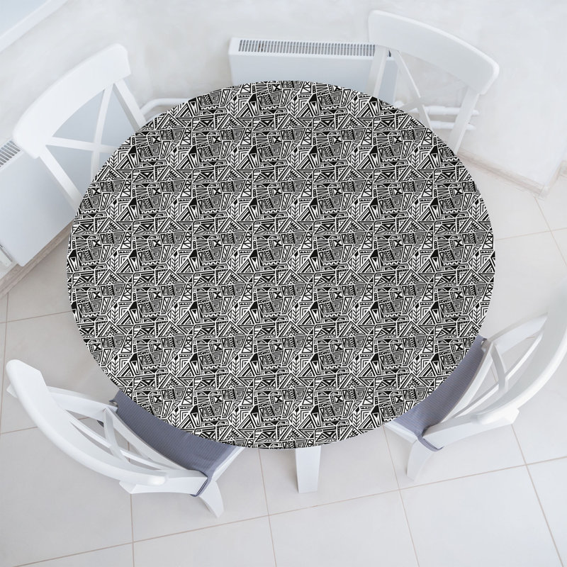 Union Rustic Tribal Fitted Round Tablecloth Charcoal Grey White, 51.97" Round