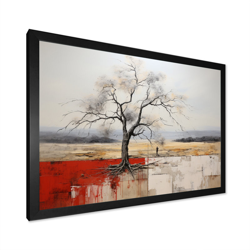 «Grey Red Minimalisme Tree Solitude I», reproduction sur toile, Cadre simple noir, H 16 po x l 32 po x P 1 po