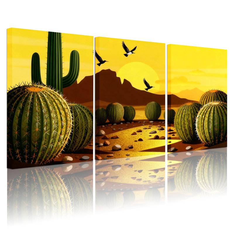 «Cactus Desert Cactus Sunset», ensemble de 3 reproductions d'art sur toile, H 24 po x l 48 po