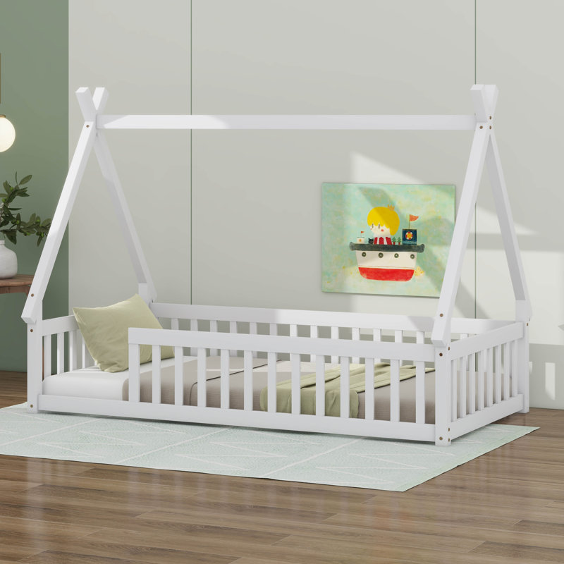 Lit simple en bois en forme de tente avec garde-corps, Blanc