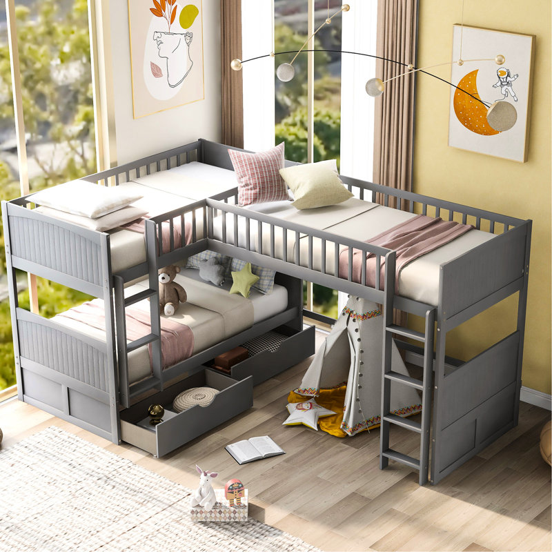 Lit superposé avec mezzanine à deux tiroirs gris, Gris