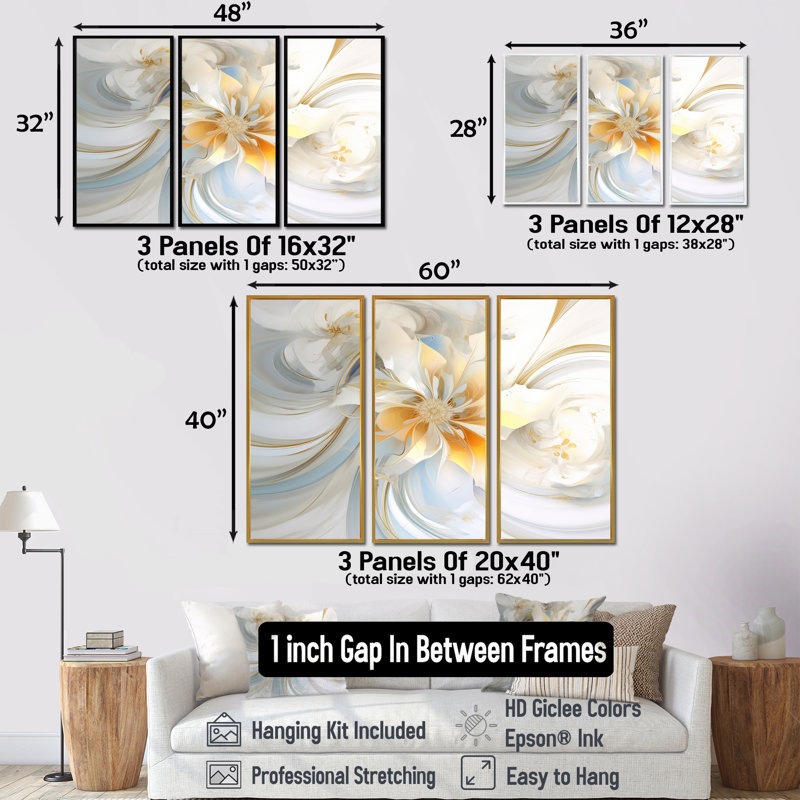 Ensemble de salon blanc avec fleurs blanches abstraites et pureté sereine, H 40 po x l 60 po x P 1 po, Encadrement argenté