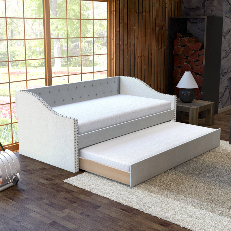 Manchester Upholstered Daybed with Pull Out Trundle, Twin Size, Tufted Backboard, , White Linen