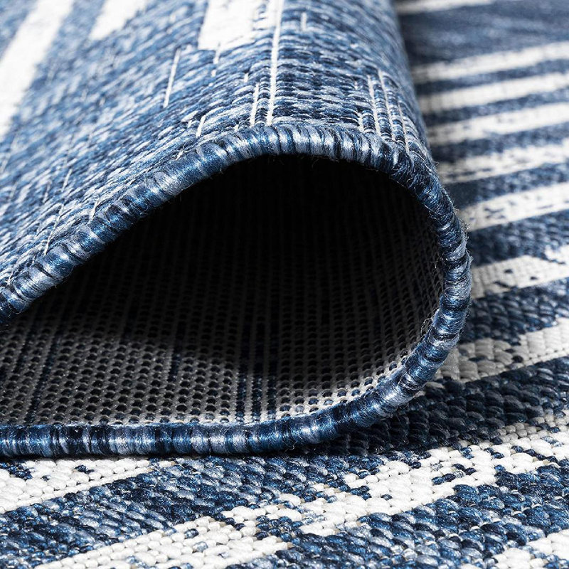 Grundy Berber Stripe Geometric Blue/Ivory Indoor/Outdoor Rug, Rectangle 3'11" x 6'