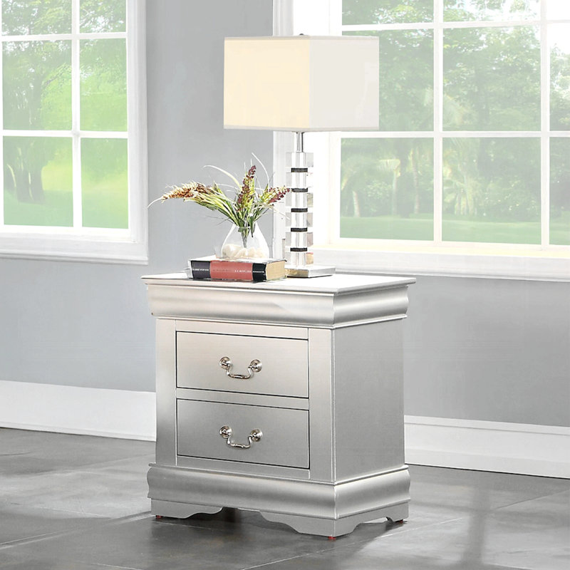 Gosford 2-Drawer Nightstand,Night Stand,End Table,Side Table 14" x 13" x 5" (Front)• Inner 11" x 12" x 4"H, Silver
