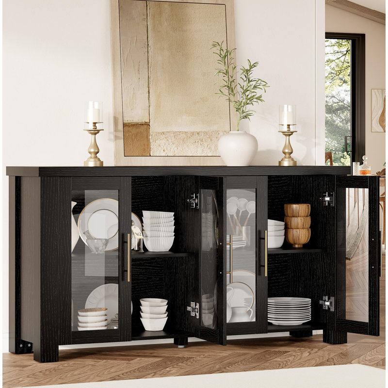 Buffet avec rangement, bahut avec portes en verre trempé, Noir